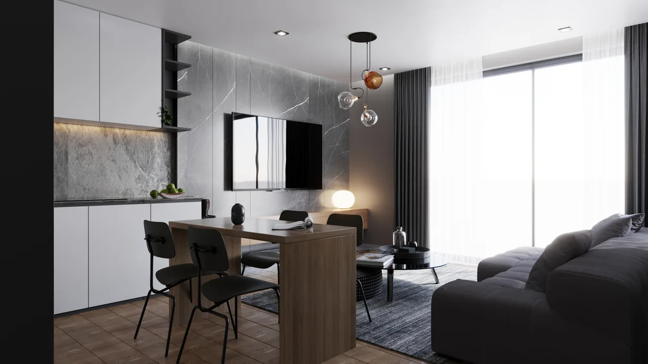 2+1 dairenin salon, mutfak ve yemek alanı